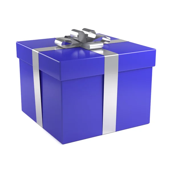 Голубая подарочная коробка с серебряной лентой — стоковое фото