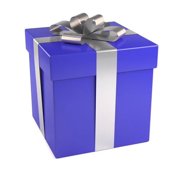 Blue gift box with silver ribbon — Stock Photo, Image