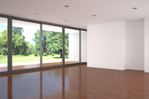 Empty living room with parquet floor