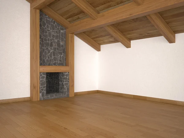 Salon vide avec cheminée et poutres de toit — Photo