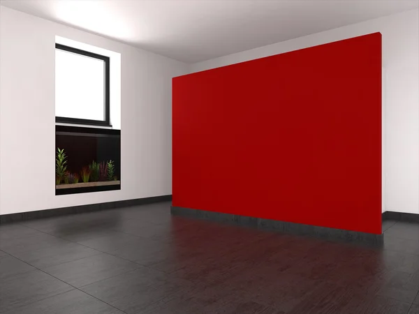 Современная пустая комната с красной стеной и аквариумом — стоковое фото