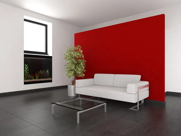 Moderne stue med rød vegg og akvarium – stockfoto