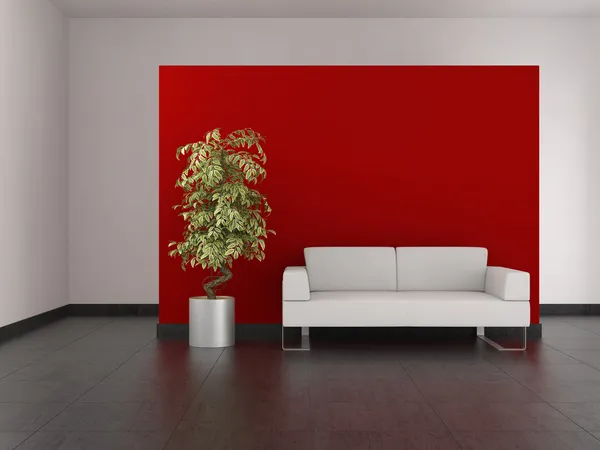Modernes Wohnzimmer mit roter Wand und Fliesenboden — Stockfoto