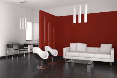 Modern interior with living room dining room and kitchen clipart