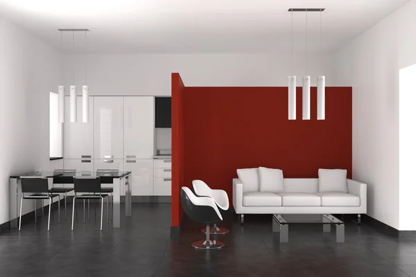 Modernes Interieur mit Wohnzimmer, Esszimmer und Küche — Stockfoto