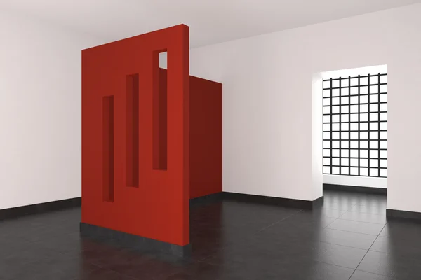 Moderner, leerer Innenraum mit roter Wand und Fenstern — Stockfoto