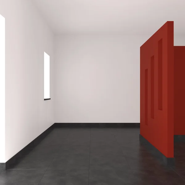 Modern leeg interieur met rode muur en betegelde vloer — Stockfoto