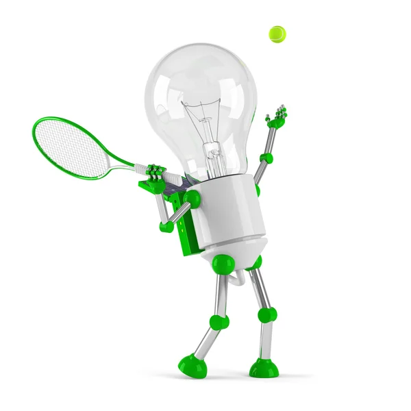 Solar powered light bulb robot - tennis — Stock Photo, Image