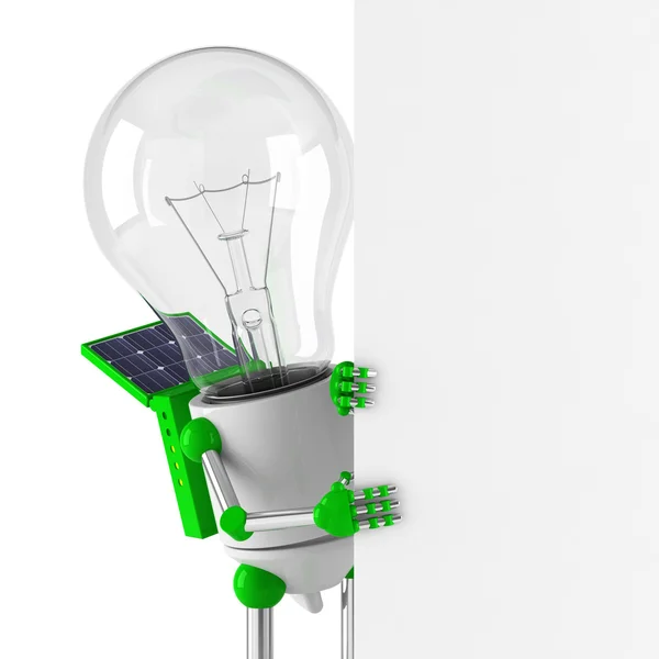 Solar powered light bulb robot - blank billboard — Stock Photo, Image