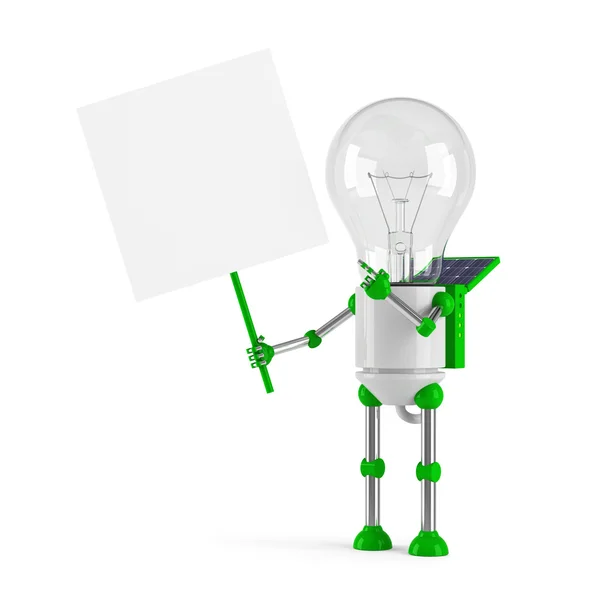 Robot de bombilla con energía solar - cartel en blanco — Foto de Stock