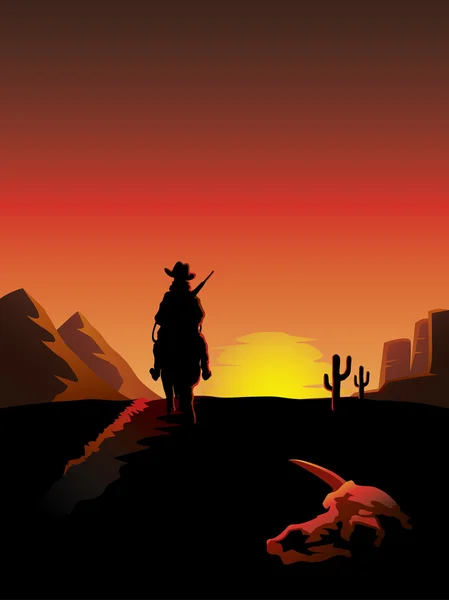 Cowboy auf einem Pferd in der Wüste — Stockvektor