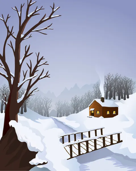 Vinterlandskap med hytte i skog – stockvektor