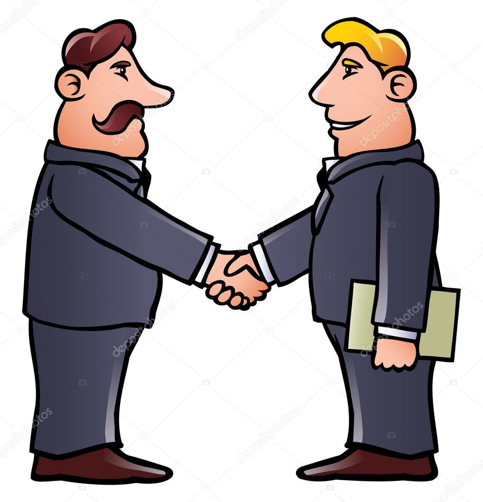 Fumetto illustrazione di due uomini d affari stretta di mano — Vettoriali di Noedelhap
