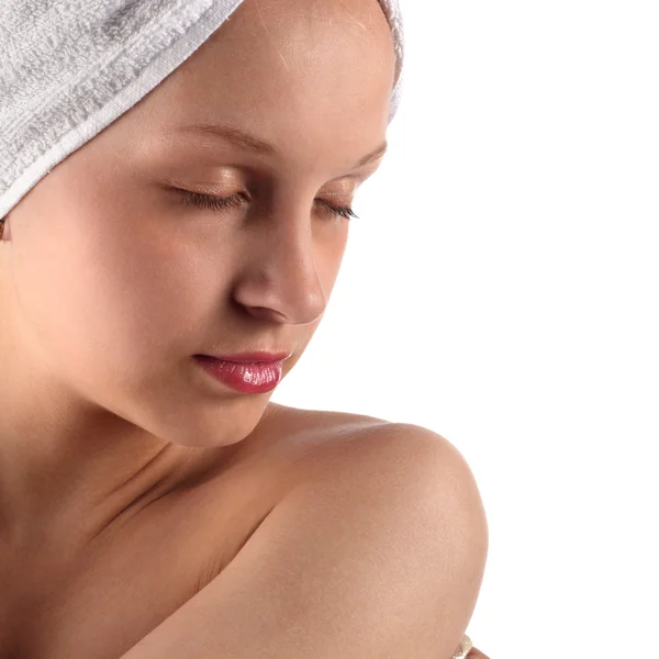 Woman with towel on head — Stock Photo, Image
