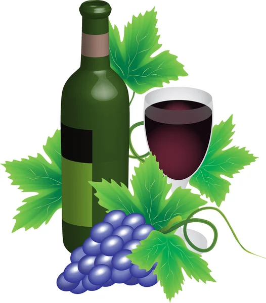 Пляшка і келих червоного вина з виноградом — стоковий вектор
