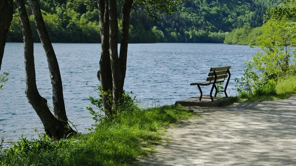 Prázdné lavice na jezeře — Stock fotografie