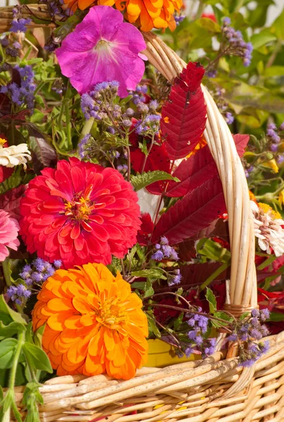 Close up image of brilliantly colored flowers in a wicker basket — Stock Photo, Image