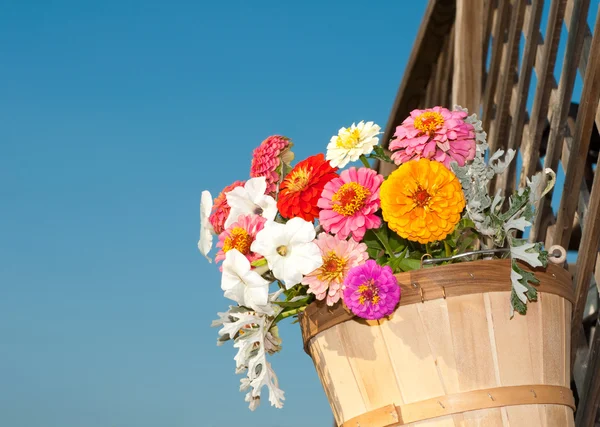 Brightly colored flowers in a wooden bucket — Stock Photo, Image