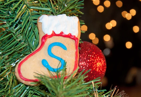 Le propre cookie du Père Noël dans l'arbre de Noël — Photo
