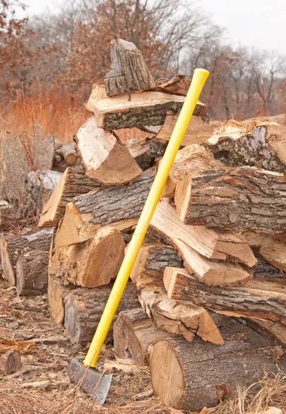 Corte e corte de secagem de madeira de fogo em uma pilha aberta — Fotografia de Stock