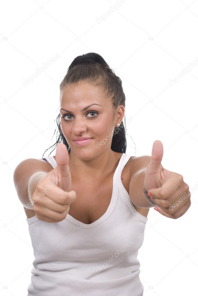 Beautiful happy woman with thumbs up