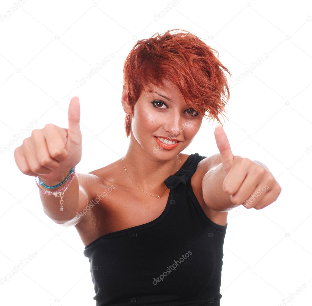 Beautiful happy woman with thumbs up