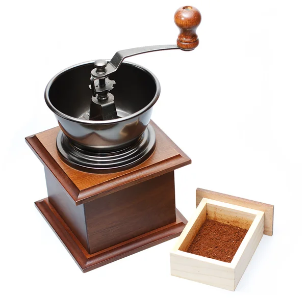 stock image Coffee grinder with ground coffee in little box