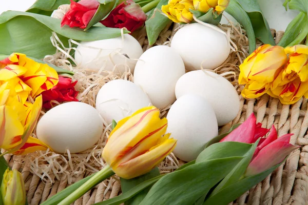 stock image Eggs and flowers lying on the straw tray