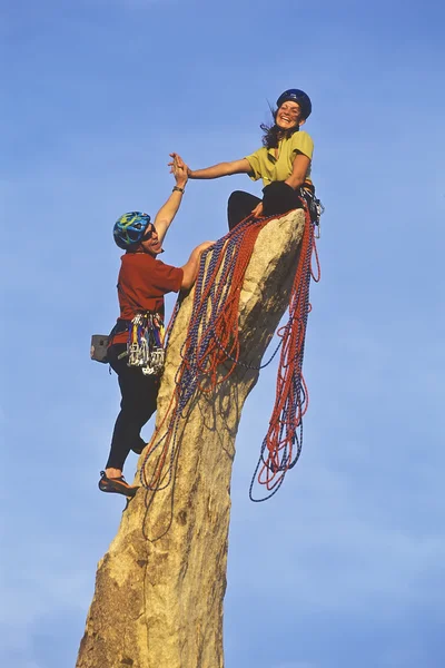 Team av rock klättrare når toppen. — Stockfoto