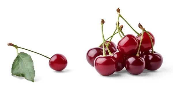 Ripe cherries group and single cherry with leaf — Stock Photo, Image