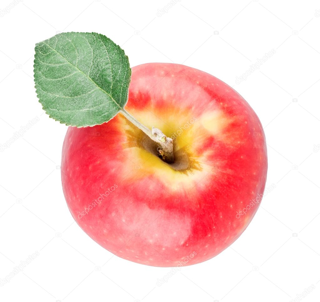 Single red apple with leaf view from top