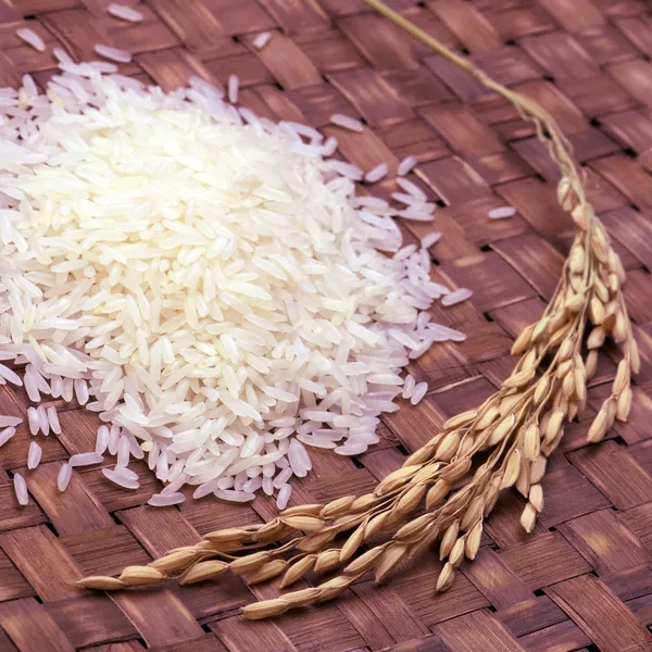 白色抛光的大米和秆水稻籽粒 — 图库照片