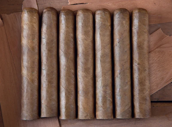 棕色背景上的七个雪茄 — 图库照片