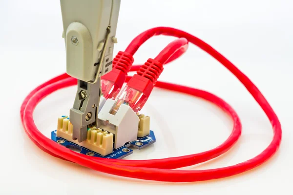 Rode netwerkkabel en punch u gereedschap in het stopcontact — Stockfoto