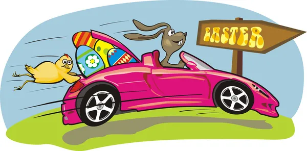 Verrückter Osterhase und sein rosa Auto — Stockvektor
