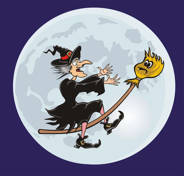 女巫和她的扫帚-童话故事 — 图库矢量图片