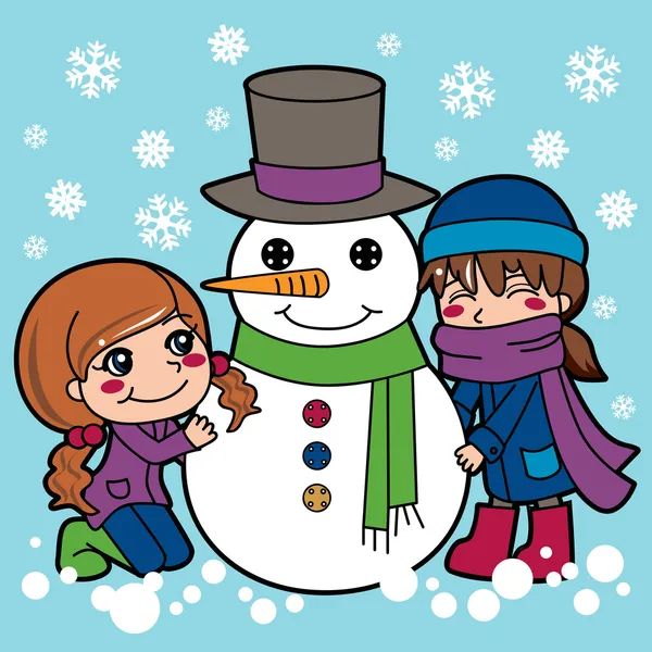 Flickor att göra snögubbe — Stock vektor