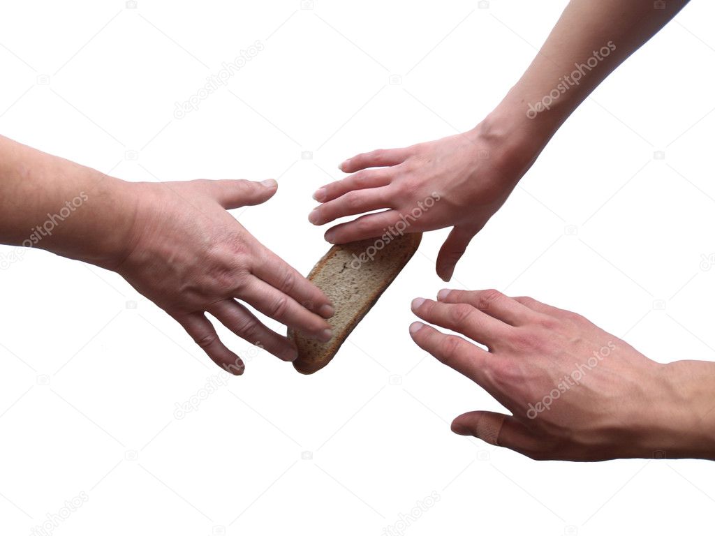 Hands reach for a bread piece on a white background