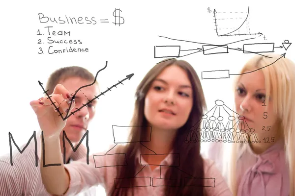 Business laget skriver en marknadsföringsplan för mlm. — Stockfoto