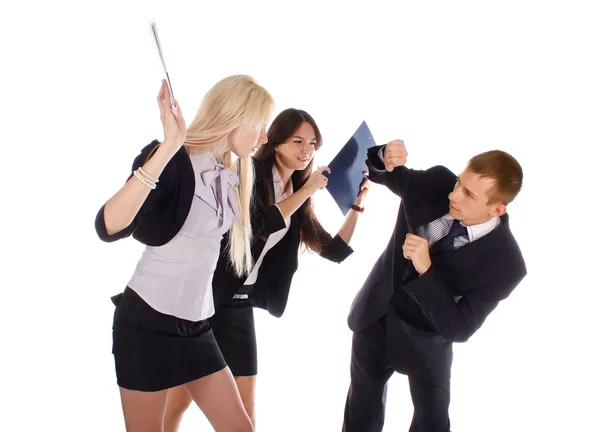 Two the business woman beat the man folders — Stock Photo, Image