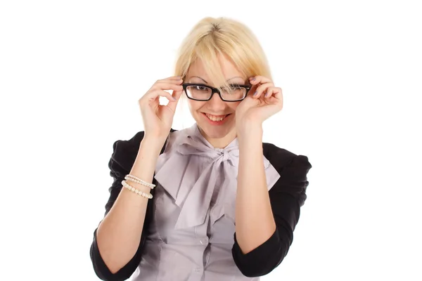 Wanita berkacamata dengan latar belakang putih — Stok Foto