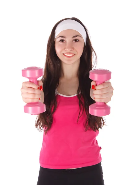 Kobieta fitness hantle — Zdjęcie stockowe