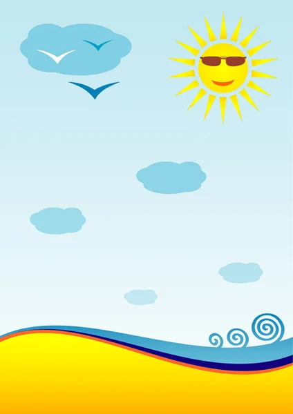 Une plage, une mer, un soleil. Oiseaux et mer. Station tropicale. Substrat pour les folioles coupées. Graphiques d'art vectoriel . — Image vectorielle