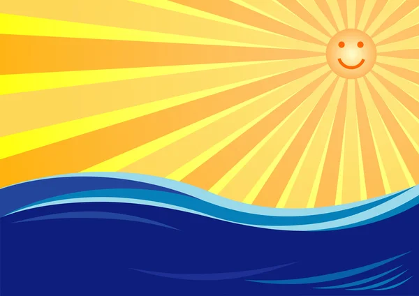 Úsměv slunce, pláž a moře. Kreslený podklad pro vizitku, štítek, leták, plakát. Grafika vektorového umění. — Stockový vektor