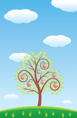 Tree with fruits, apples on a green meadow. Sky and clouds. Vector art drawing clipart