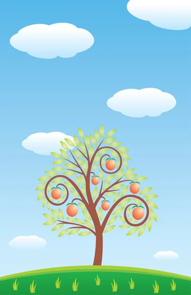 Árbol con frutas, manzanas en un prado verde. Cielo y nubes. Dibujo de arte vectorial — Vector de stock