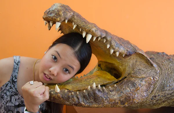 stock image Young woman in danger with crocodile mouth