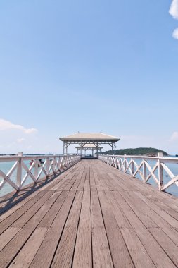 Beyaz köprüye denizin mavi gökyüzü dikey