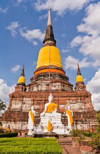 Boeddha standbeeld en ruïne pagode in park in ayutthaya — Stockfoto