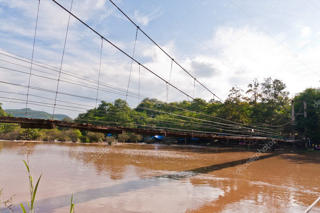 Wooden suspension bridge from side